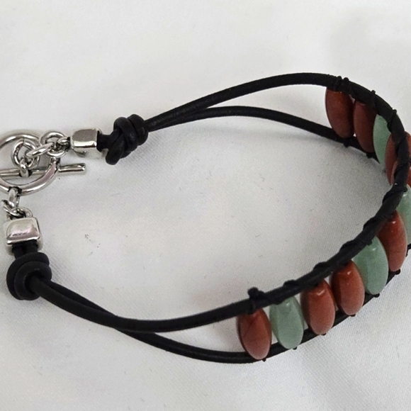 LAUREN RALPH LAUREN Boho/Tribal Bracelet of Leather, Orange and Green Stones 6.5 - Picture 4 of 7